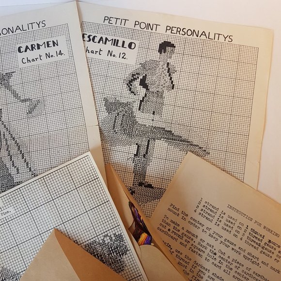 Vintage Petit Point Patterns Rose Jewelry Pins and Earrings and Spanish Dancers - Picture 4 of 8